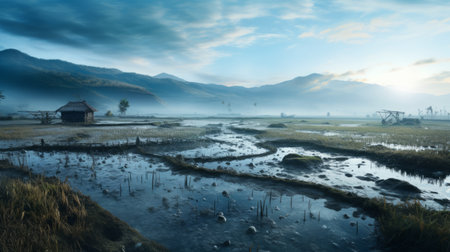a mesmerizing photo captures a stunning scene of rice fields and houses nestled amidst a misty hillside. the hyperrealistic marine life style, rendered in cinema4d, adds a unique touch to this apocalyptic landscape. the image showcases hyper-realistic water, organic formations, and atmospheric skies, reminiscent of a national geographic photo. ai generatedの素材