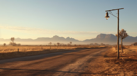 an empty dirt road stretches ahead, bathed in the ethereal light of a romantic soft focus. the anamorphic lens flare adds a touch of nostalgia to the rural life depiction, while ndebele-inspired motifs bring a unique cultural element. captured in stunning 32k uhd, this photo by alex russell flint showcases the beauty of mountainous vistas. ai generatedの素材