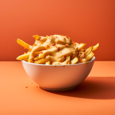 hawaiian chicken fries with cheddar fries and a creamy sauce, served in a bowl. this photograph, inspired by the styles of mike campau and gregoire guillemin, captures the essence of indulgence. shot on 70mm film, the warm color palette enhances the visual appeal. the voluminous mass of the fries, combined with the bulbous shapes, creates a sense of neue sachlichkeit. ai generatedの素材