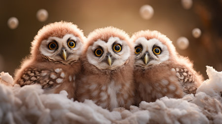 three owls perched on a frozen surface, surrounded by flowing bubbles. this unique photograph captures the essence of psychological symbolism, with its tilt-shift lens creating a distinct perspective. the owls, featuring a combination of light brown and white feathers, evoke elements of indian pop culture. their tangled nests, in shades of dark orange and light beige, add to their relatable personality. ai generatedの素材