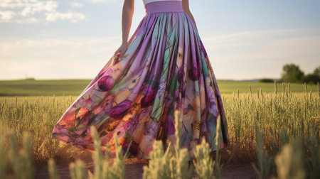 a long purple flowered skirt in pink and green, inspired by the style of joel robison, beautifully captures pastoral settings. this photorealistic pastiche showcases exquisite clothing detail, embodying the essence of prairiecore. designed by irene sheri, the skirt features a delightful combination of light turquoise and light amber hues. ai generatedの素材
