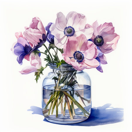 a watercolor illustration featuring a vase filled with pink and purple flowers. the artwork showcases a hyperrealistic style reminiscent of animal portraits. the artist skillfully captures the interplay of light and shadow, creating a realistic portrayal. inspired by the british post-war era, the illustration utilizes transparent layers, reminiscent of the kodak portra aesthetic. ai generatedの素材