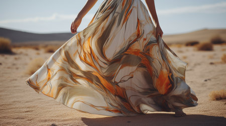 a woman gracefully walks through the desert, adorned in a flowing long dress. the dress features a marbleized pattern in light gray and amber tones, creating a captivating visual effect. the fabric drapes elegantly, showcasing saturated colors and fine line details. the combination of light amber and black accents adds depth and contrast to the overall look. ai generatedの素材