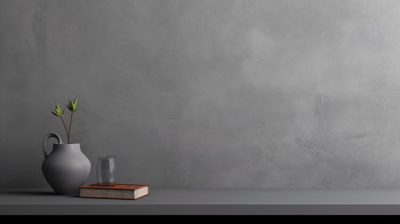 an email illustration featuring a minimalist background with books and a vase on a grey concrete 3d photomontage. this uhd image showcases a kitchen still life with a dark silver and gray color scheme, exuding a sense of minimalistic serenity. the texture-rich surfaces create a perfect study place ambiance. ai generatedの素材