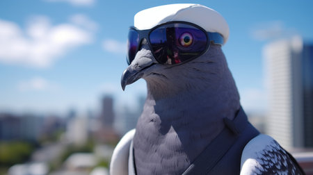 plastic doll wearing aviator glasses and hat, captured in a hyperrealistic cityscape style. the photo showcases life-like avian illustrations, embodying the unique aesthetic of pigeoncore. shot with provia film, the close-up image highlights the doll's silver and navy colors, adding depth and detail. ed freeman's artistic vision is evident in this captivating photograph. ai generatedの素材