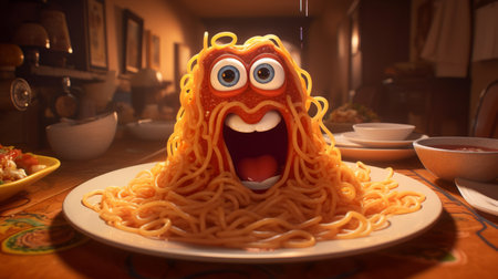 a funny spaghetti image captured in cinematic style, perfect for ipad screenshot on 22nd september 2017. this high-resolution 8k image showcases highly detailed illustrations with a dark orange color palette. the concept of cryptid academia is beautifully portrayed through focus stacking techniques, creating a visually captivating and unique composition. ai generatedの素材