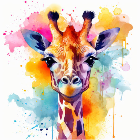 a vibrant watercolor illustration of a giraffe's face in various colors, featuring bold graphic elements and light magenta and amber tones. the illustration showcases a strong facial expression and incorporates drip painting techniques, resulting in a hyper-realistic depiction of the animal. ai generatedの素材