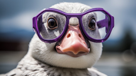 a white duck wearing multiple pairs of glasses, including light purple and dark gray ones, captured in an ultraviolet photograph. this unique image is inspired by marine biology and the post-70s ego generation. shot with an iso of 200, it showcases a quirky avocadopunk aesthetic, with the glasses made of glass as the prominent material. ai generatedの素材