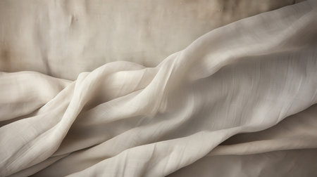 white cloth fold on bed, organic forms, muted tones, sparse backgrounds, gauzy atmospheric landscapes, dark beige, translucent resin waves, classical still life, textured fabrics. ai generatedの素材