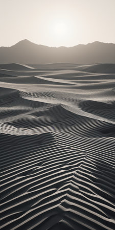 a mesmerizing 3d desert landscape captured in the style of marta bevacqua, featuring intricate patterns of sand dunes. this monochrome geometric masterpiece, reminiscent of national geographic photography, is the work of dusan djukaric. the image showcases densely patterned imagery with soft tonal transitions, evoking the artistic style of tarsila do amaral. ai generatedの素材