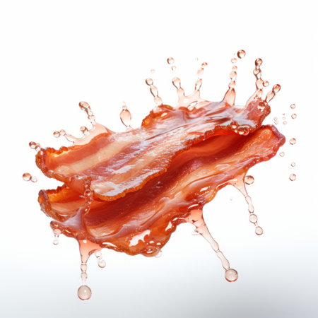 bacon water splashed isolated vector in the style of cross-processing processed. this hyper-realistic oil image showcases the unique zuckerpunk aesthetic. with its uhd quality, it captures every detail of the bacon and water droplets. this photo has the professional touch of an associated press photo and the artistic flair of werksttte. the light red hues add a captivating touch to the overall composition. ai generatedの素材