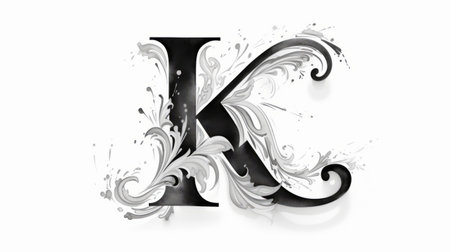 an elegant letter k is showcased in this photo, surrounded by vibrant splashes of water. the design is reminiscent of exquisite black and white engravings and victorian-inspired illustrations. created using zbrush, the intricate foliage and varied brushwork techniques add depth and texture to the matte photo. the carving-like details make this piece truly captivating. ai generatedの素材