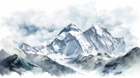 a stunning watercolor painting of a mountain landscape with clouds and snow. this hyper-detailed artwork, inspired by the realistic style of burmese art, showcases the beauty of the himalayas. the layered imagery and subtle irony add depth to the composition, while the blunt brushstrokes and realistic detail create a visually captivating piece. perfect as a wallpaper or for art enthusiasts. ai generatedの素材