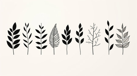 a set of black and white illustrations featuring various types of plants. these minimalistic and symmetrical designs showcase a combination of dark navy and light beige colors. the minimalist typography adds to the overall aesthetic. the hand-drawn animation brings the leaf patterns and ethereal trees to life, creating a captivating play of positive and negative space. ai generatedの素材