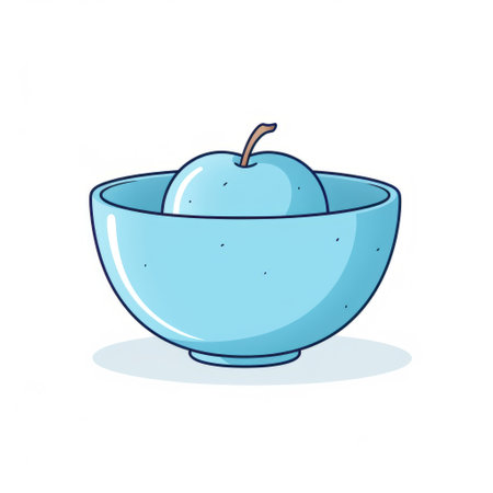 an apple and a bowl, depicted in a colored cartoon style, showcase light blue hues. the graphic novel inspired illustrations exude a sense of stark simplicity. the artwork, influenced by ancient chinese art, captures the essence of bombacore, while also incorporating witty and clever cartoons. ai generatedの素材