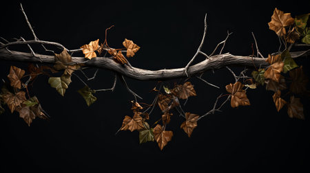 a photo of cs5 rendered ivy leaves with vines, captured by snl video, showcases the hyper-realistic sculptures and naturalistic bird portraits in the style of dark silver and dark amber. this nature-inspired composition, taken with a sony alpha a7 iii, embodies the essence of australian tonalism and found object installations. ai generatedの素材