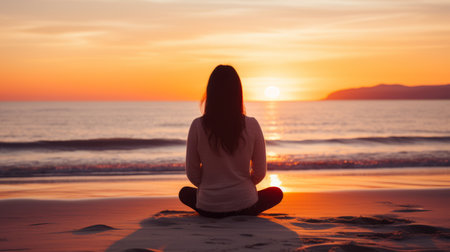 a serene and tranquil beach scene at sunset, perfect for meditation. a person sits cross-legged in a peaceful posture, surrounded by soft sands, seashells, and a stack of zen-like stones. the warm hues of the setting sun reflect off the calm sea, while gentle waves lap against the shore. in the background, faint silhouettes of sailboats add to the peaceful ambiance. this image evokes aの素材