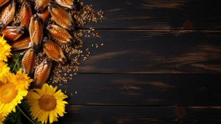dried seeds and sunflowers are arranged on a black wooden table in this birds-eye-view photograph. the image showcases graphic and stylized forms, with a dark amber color palette. it is a high-resolution uhd image that highlights the glazed earthenware and the attention to texture in the fur and feathers. the composition is minimalistic. ai generatedの素材