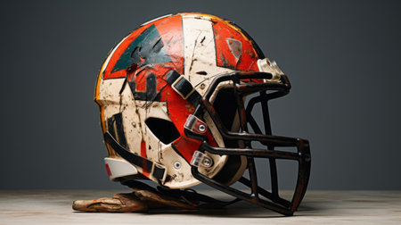 a football helmet sits atop a wooden slab, showcasing a bold color-blocked composition with textural paint effects. the style draws inspiration from idealized native americans, nacho carbonell, and features a mix of dark white and orange hues. the design also incorporates grungy patchwork and a hard-edge color field technique. ai generatedの素材