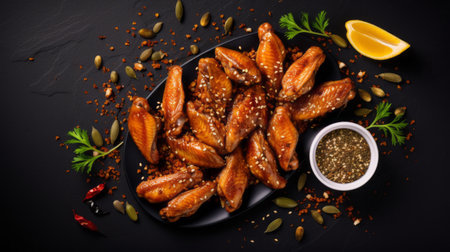 sliced chicken wings, seasoned with black pepper, salt, lemon, rosemary, and herb seasoning, are showcased on a black background. the style of the presentation is reminiscent of the ming dynasty, with a color palette of dark amber and beige. the image captures a pointillist precision, with ready-made glazed surfaces, creating an atmosphere of dreamlike quality. ai generatedの素材