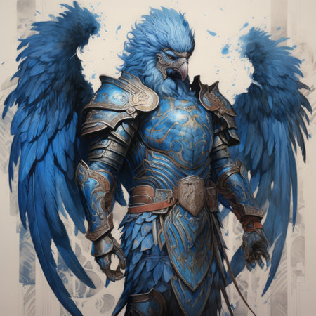 a blue bird with feathers and armor is depicted in this cryengine-style illustration. the monochromatic mastery adds depth to the reinterpreted human form, while the angura kei influence is evident in the bold brushwork. the gigantic scale and hyperrealistic details make this artwork truly captivating. ai generatedの素材