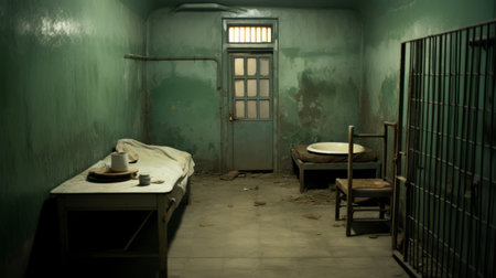 the room is a messy depiction of imaginative prison scenes, with a combination of light emerald and dark beige colors. the post-processing techniques used create atmospheric shots that evoke a sense of the great depression. the realistic scenery captures the essence of iber camargo's artistic style. ai generatedの素材