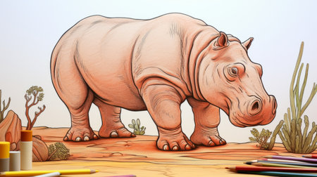 a detailed and intricate pen and ink drawing of a hippo, created using a drawing app. the drawing showcases the artist's mastery of a muted colorscape, with a polychrome terracotta effect. the emphasis on linear perspective adds depth to the image, while the use of light maroon and light beige colors enhances the overall composition. the drawing features realistic depictions of animals and is presentedの素材