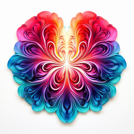 the sassara paper flower showcases a stunning combination of vibrant colors against a paper background. inspired by intricate psychedelic landscapes, symmetrical compositions, and gradient color blends, this artwork also draws influence from colorful woodcarvings, detailed feather rendering, luminous 3d objects, and fluid forms. ai generatedの素材
