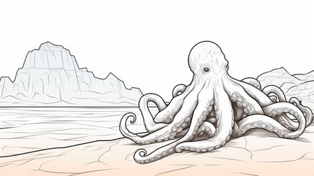 an octopus coloring page featuring vector illustrations in a free-for-use style. the design is inspired by ink-wash landscapes, desert waves, and graphic novel aesthetics. the artwork is accurate, detailed, and showcases concept art of close-up views of these chilling creatures. ai generatedの素材