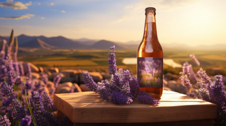 a bottle of lavender wine and lavender flowers are beautifully arranged on a rustic wooden board. this enchanting composition, reminiscent of fantastical landscapes, showcases the delicate hues of light pink and amber. the photo, taken with provia film, captures a realistic rendering akin to the works of adriaen van ostade. steve henderson's artistic touch is evident in this agfa vista image. ai generatedの素材