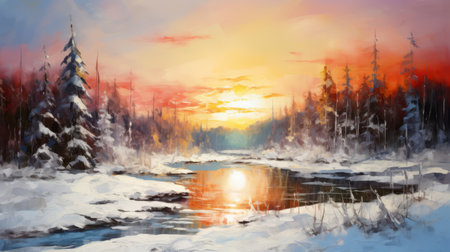 a stunning painting capturing a serene sunset scene with snow-covered trees lining a peaceful stream. the artwork showcases a realistic color palette, incorporating elements of blurred landscapes and the coastal theme. the painting features a beautiful combination of light red and yellow hues, complemented by sky-blue and orange tones. this piece exudes a cabincore aesthetic with a touch of sunny impressionism. ai generatedの素材