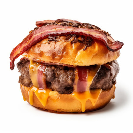 a mouthwatering photo of a juicy burger, featuring a perfectly grilled 180g beef patty and crispy bacon on a soft muffin. the burger is enhanced with a delicious special sauce, creating a delightful blend of flavors. ai generatedの素材