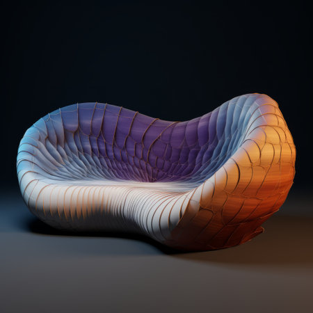 a 3d model of a unique sofa design that combines organic chemistry functional groups with textile elements. the sofa features a vibrant color palette of sunglow and seashell, with tonal crosshatching in seashell and medium-blue. the clay material adds a touch of elegance, while the purple layer adds depth and visual interest. ai generatedの素材