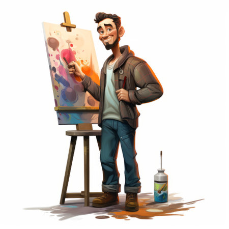 a portrait of a person standing on an easel, showcasing a colorful muralist style reminiscent of 2d game art. the detailed character design by tibor nagy captures an everyday life depiction with accurate and intricate details, reminiscent of the work of adi granov. ai generatedの素材