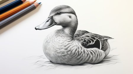a pencil drawing of a duck on paper, created in a realistic hyper-detailed style. the sketchbook showcases the dark gray and light aquamarine tones of the duck's feathers. this hyper-realistic animal illustration captures the close-up details and intricate character design. the uhd image beautifully portrays the australian landscapes. ai generatedの素材
