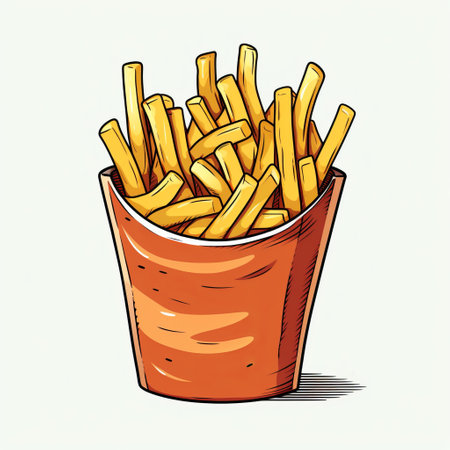 french fries bucket with a bowl, isolated on white background. comic art style, hand-drawn animation with dark orange and gold colors. piles and stacks of fries shaped into a unique design. detailed penciling by tatsuro kiuchi, featuring strong lines for a visually striking composition. ai generatedの素材