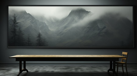 the photo captures a dark and foreboding winter landscape of majestic mountains. in the same room, a table is placed near a cozy fireplace, creating a contrasting atmosphere. the large format film style enhances the precisionist lines and high level of detail, while a mist adds an ethereal touch to the scene. ai generatedの素材