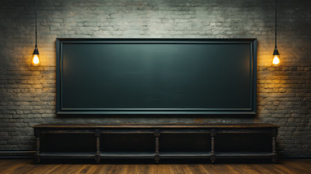 blackboard with lamp and movable light bulb on old brick wall in hallway, featuring perspective rendering, screen tones, intricate woodwork, american barbizon school style, impressive panoramas, patinated and oxidized surfaces, and depictions of theater. ai generatedの素材