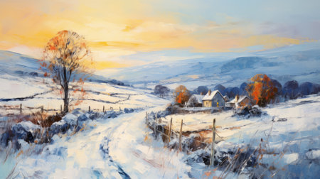 united kingdom winter landscape featuring rough brush strokes and thick paint palette knife oil painting technique. the warm foreground contrasts with the cold background, creating a captivating masterpiece by ed sheeran. ai generatedの素材