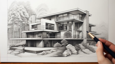 a person is creating a hyper-detailed, realistic drawing of a modern house using a black pen. the style of the drawing is reminiscent of chesley bonestell's work, known for its large-scale and hyperrealistic renderings. the artist, stephen shortridge, focuses on landscape and incorporates elements of midcentury modern design. the result is a stunning and lifelike representation of the house. ai generatedの素材