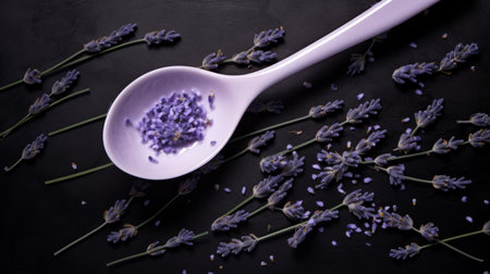 lavender seeds in a spoon, resting on a dark background, exude a traditional and soft femininity. the porcelain-like style adds an elegant touch to the image. with loose handling of paint and an infrared effect, this artwork creates a sensory experience. it beautifully combines natural and man-made elements, resulting in a captivating visual composition. ai generatedの素材