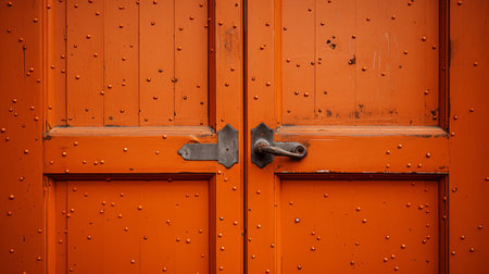 a brown wooden door with a distinct style of orange and bronze, captured using a fujifilm xf 56mm f1.2 r lens. the door features dot-painted colors, optical blending, and draws inspiration from the qing dynasty. it showcases a dotted pattern and a found-object-centric design, creating a bold and angular aesthetic. ai generatedの素材