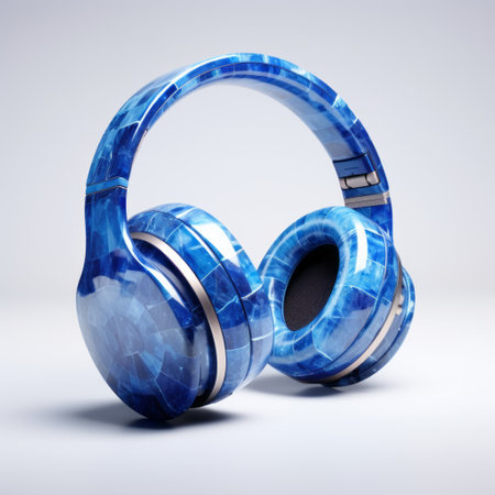 an iridescent ice blue bluetooth headphone design, created using a heavy impasto technique, showcases a captivating blend of dark sky-blue and white. this meticulous photorealistic still life captures the essence of marbleized patterns, with strong use of color, zigzags, and rounded forms. ai generatedの素材
