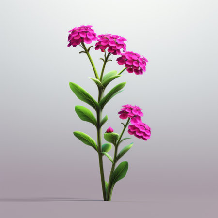 violet flower isolated on gray background, in the style of realistic sculptures. the light red and green hues add a vibrant touch to this artwork by filip hodas. inspired by animated illustrations and persian miniatures, this uhd image showcases playful arrangements. ai generatedの素材