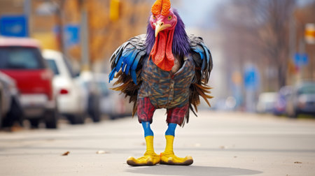 a clown bird, inspired by the satirical figuration of duffy sheridan and the raw vulnerability of jan van eyck, is captured walking down the street. with its colorful feet reminiscent of aleksandr deyneka's animal figurines, the image evokes a sense of rural america. ai generatedの素材