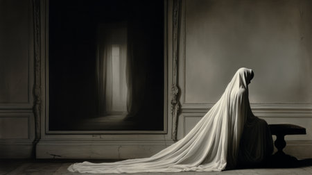 a woman of white, artist and writer paul liu, is captured in this photo. the style of philip mckay is evident in the detailed drapery, reminiscent of antonio canova's work. haunting shadows add depth to the classic still-life composition. paul liu's large-scale canvases are beautifully showcased in this image, captured using a hasselblad h6d-400c. ai generatedの素材