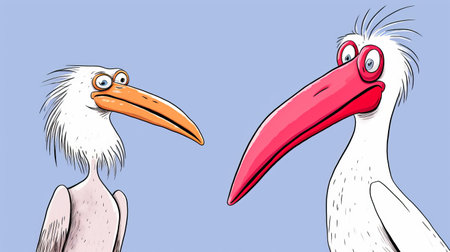 a white egret cartoon character with a big beak is depicted in a contemporary style featuring dark pink and sky-blue colors. the emotionally charged portraits of this character are showcased through animated gifs. the artwork also incorporates elements of dark orange and pink, drawing inspiration from prehistoric art. the caricature faces add a touch of humor to the overall composition. ai generatedの素材