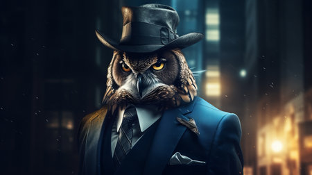 an eagle, wearing a suit and hat, stands out in a photorealistic cityscape. this unique artwork combines elements of superheroes, characterful animal portraits, and sketchfab. the night photography captures the intricate details of the eagle's character design, while the rich color contrasts add depth to the image. ai generatedの素材
