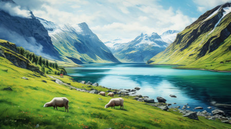 snow-covered mountains in a serene pastoral scene, depicted in a vivid digital painting style. this artwork captures the essence of dutch marine scenes and wildlife art with a satirical twist. the landscape is beautifully rendered with vibrant shades of green and cyan, reminiscent of the swiss style. ai generatedの素材