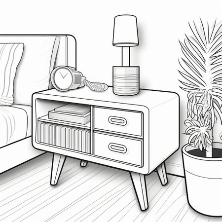 a highly detailed and minimalist coloring page featuring a retro nightstand with clean and angular shapes, streamlined surfaces, and tapered legs. the black lines emphasize the minimal ornamentation and functional aspects of the nightstand, capturing its nostalgic and vintage vibes. this coloring page allows enthusiasts to add their chosen colors while maintaining the iconic and minimalist aesthetic of the nightstand. ai generatedの素材
